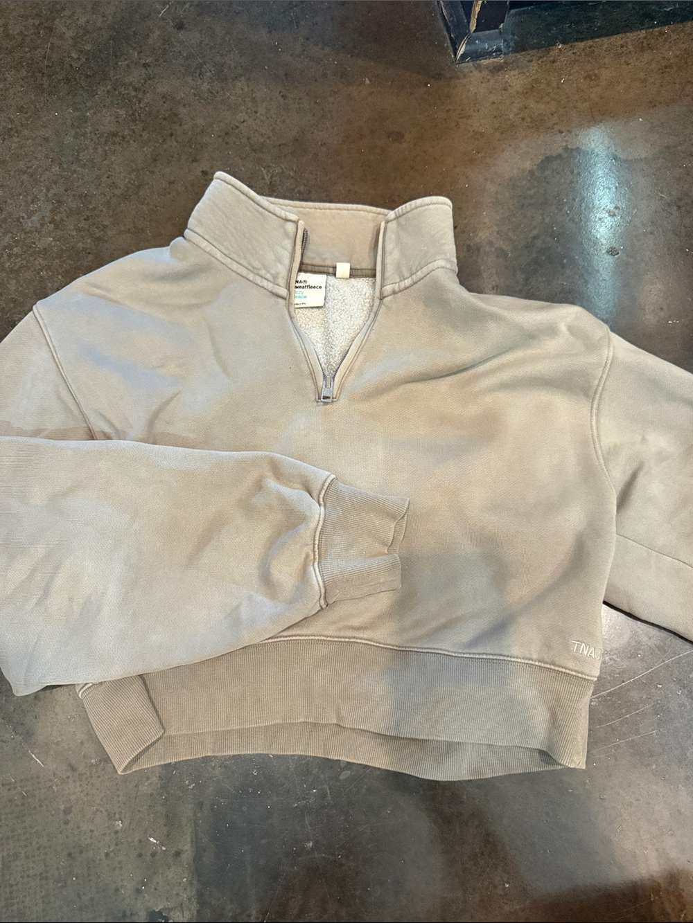TNA Aritzia Cropped Quarterzip in Taupe